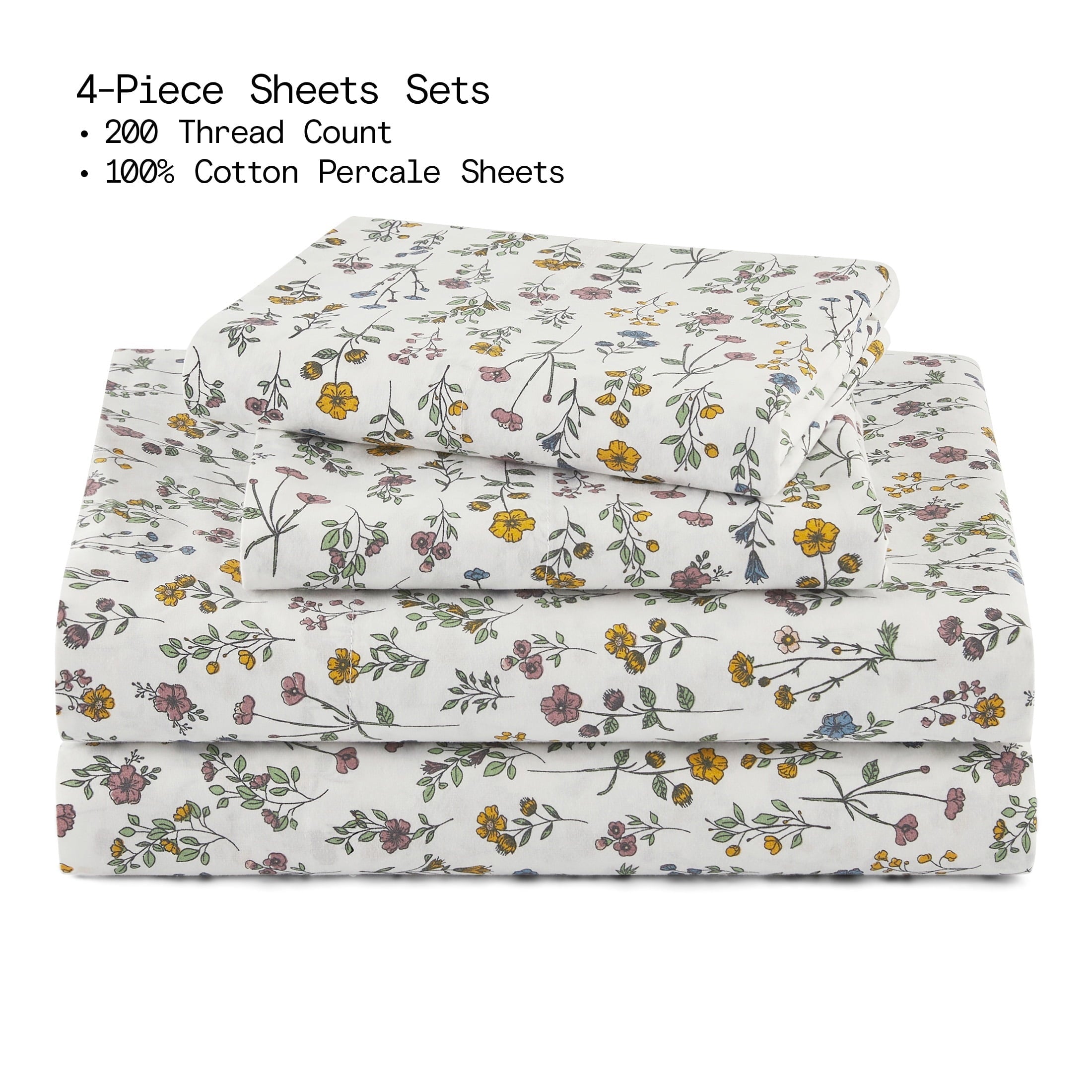 Beautiful Botanical 4-Piece 100% Cotton Washed Percale White Sheet Set, Queen by Drew Barrymore - Image 5
