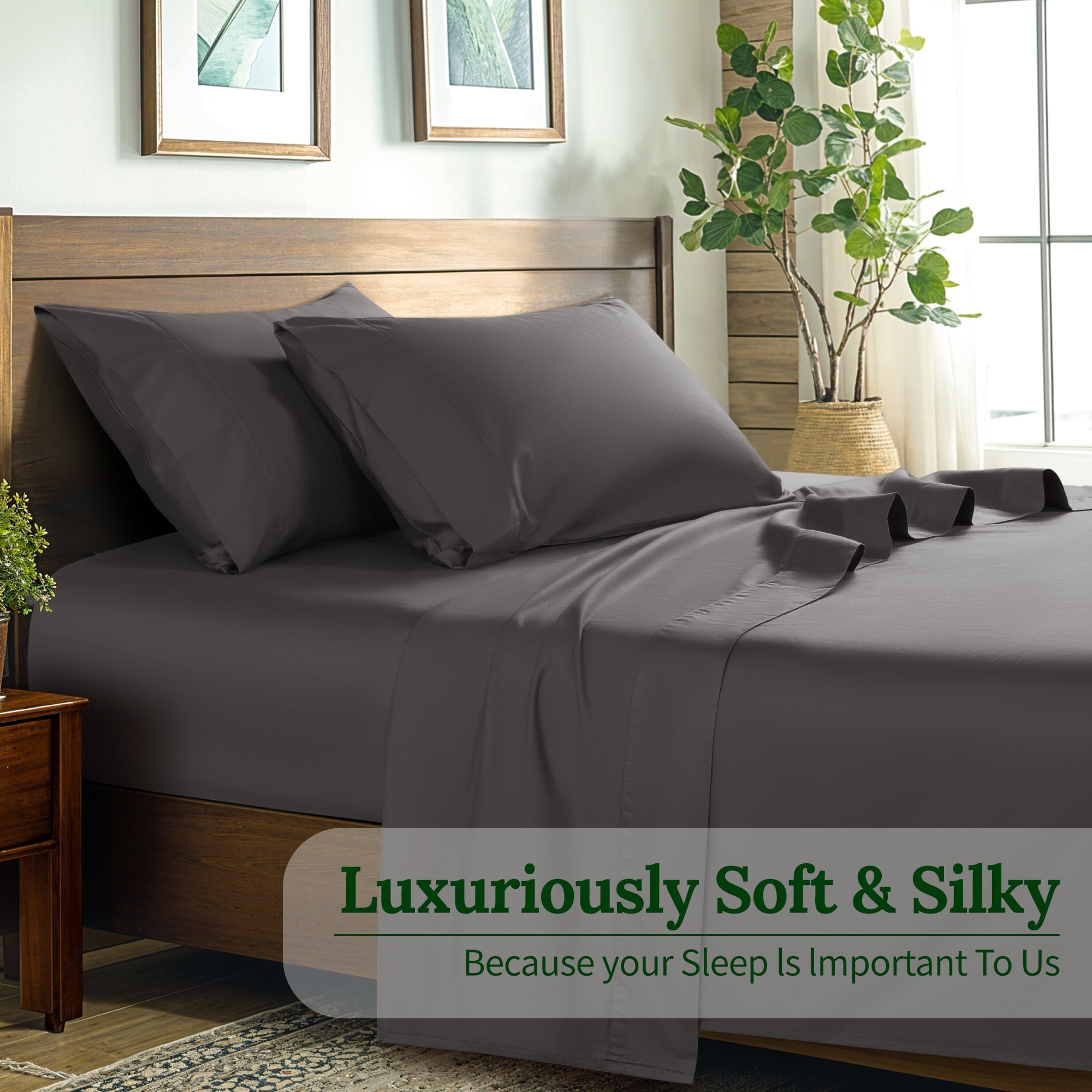 100% Cotton Bed Sheets Set, 1000 Thread Count 4 Piece Luxury Soft Sheets Set with 16" Deep Pocket, Queen, Dark Gray - Image 4